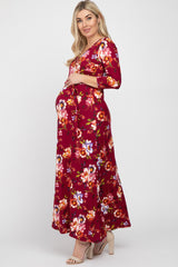 Burgundy Floral Wrap Maternity/Nursing Maxi Dress