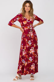 Burgundy Floral Wrap Nursing Maxi Dress