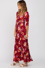 Burgundy Floral Wrap Nursing Maxi Dress