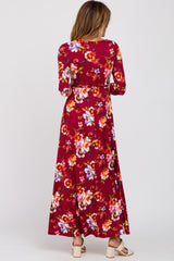 Burgundy Floral Wrap Nursing Maxi Dress