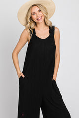 Black Ribbed Ruffle Trim Wide Leg Sleeveless Jumpsuit