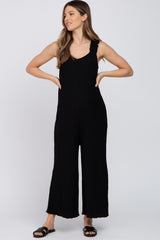 Black Ribbed Ruffle Trim Wide Leg Sleeveless Maternity Jumpsuit