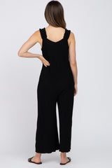 Black Ribbed Ruffle Trim Wide Leg Sleeveless Maternity Jumpsuit