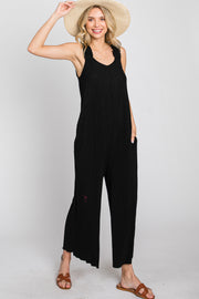 Black Ribbed Ruffle Trim Wide Leg Sleeveless Jumpsuit