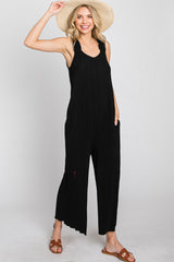 Black Ribbed Ruffle Trim Wide Leg Sleeveless Maternity Jumpsuit