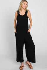 Black Ribbed Ruffle Trim Wide Leg Sleeveless Jumpsuit