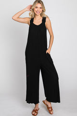 Black Ribbed Ruffle Trim Wide Leg Sleeveless Jumpsuit