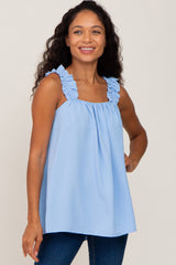 Light Blue Square Neck Ruffle Strap Top