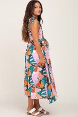 Pink Multi-Colored Brush Stroke Printed Tie Strap Smocked Maternity Midi Dress