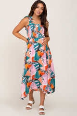 Pink Multi-Colored Brush Stroke Printed Tie Strap Smocked Maternity Midi Dress