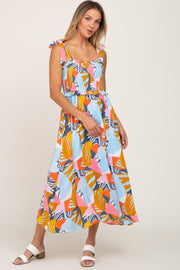 Yellow Multi-Colored Brush Stroke Printed Tie Strap Smocked Midi Dress