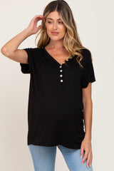 Black Button V-Neck Maternity Short Sleeve Top