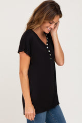 Black Button V-Neck Short Sleeve Top