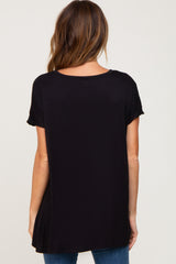 Black Button V-Neck Short Sleeve Top