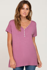 Mauve Button V-Neck Short Sleeve Top