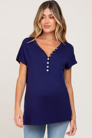 Navy Blue Button V-Neck Maternity Short Sleeve Top