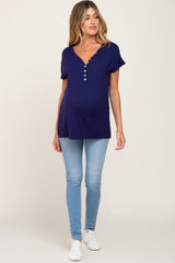 Navy Blue Button V-Neck Maternity Short Sleeve Top