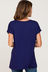 Navy Blue Button V-Neck Short Sleeve Top