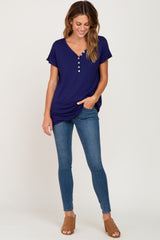 Navy Blue Button V-Neck Short Sleeve Top