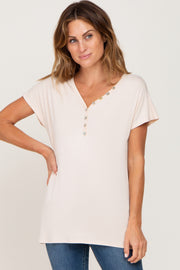 Beige Button V-Neck Short Sleeve Top