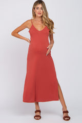 Rust V-Neck Criss Cross Back Side Slit Maternity Midi Dress