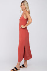 Rust V-Neck Criss Cross Back Side Slit Midi Dress