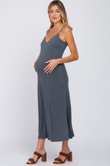 Charcoal V-Neck Criss Cross Back Side Slit Maternity Midi Dress