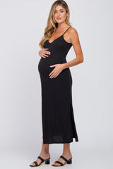 Black V-Neck Criss Cross Back Side Slit Maternity Midi Dress