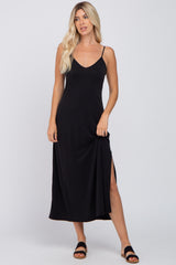 Black V-Neck Criss Cross Back Side Slit Midi Dress