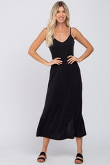 Black V-Neck Criss Cross Back Side Slit Midi Dress