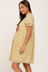 Yellow Floral V-Neck Button Maternity Dress