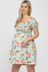 Mint Green Floral Smocked Square Neck Maternity Dress