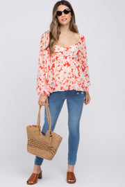 Red Floral Cutout Front Long Sleeve Maternity Blouse