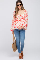 Red Floral Cutout Front Long Sleeve Maternity Blouse