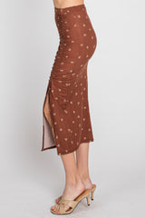 Brown Ditsy Floral Ruched Side Slit Skirt