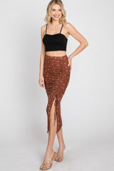 Brown Ditsy Floral Ruched Side Slit Skirt