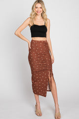 Brown Ditsy Floral Ruched Side Slit Skirt