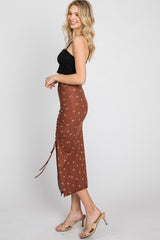 Brown Ditsy Floral Ruched Side Slit Skirt