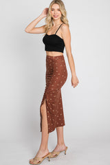 Brown Ditsy Floral Ruched Side Slit Skirt