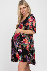 Black Floral Short Sleeve Maternity Dress