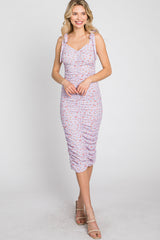 Lavender Floral Sleeveless Ruched Midi Dress