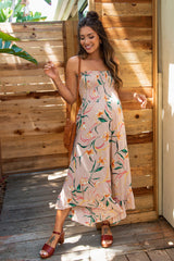 Taupe Floral Smocked Strapless Angled Hem Maternity Jumpsuit