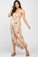 Taupe Floral Smocked Strapless Angled Hem Maternity Jumpsuit