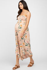 Taupe Floral Smocked Strapless Angled Hem Maternity Jumpsuit