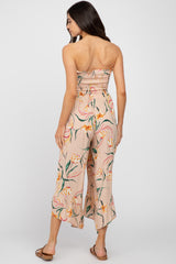 Taupe Floral Smocked Strapless Angled Hem Maternity Jumpsuit