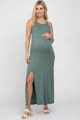 Teal Ribbed Knit Halter Neck Side Slit Maternity Maxi Dress