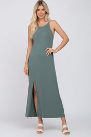 Teal Ribbed Knit Halter Neck Side Slit Maxi Dress