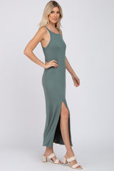 Teal Ribbed Knit Halter Neck Side Slit Maxi Dress