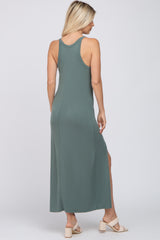 Teal Ribbed Knit Halter Neck Side Slit Maxi Dress