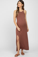 Brown Ribbed Knit Halter Neck Side Slit Maternity Maxi Dress